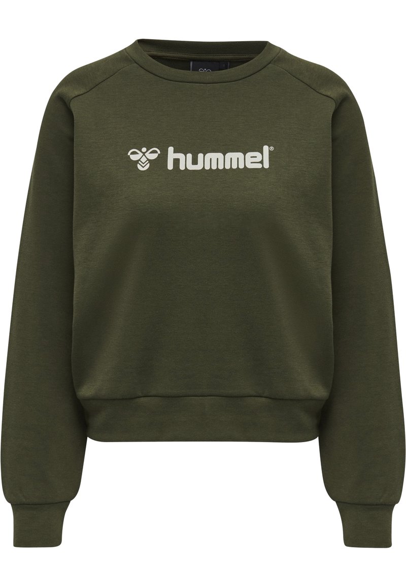 Felpa verde oliva con colletto a girocollo, maniche lunghe a raglan e logo "hummel" bianco sul davanti. Materiale morbido con una texture liscia.