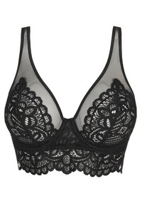 Mustat pitsiset bralette, jossa on läpinäkyvä muotoilu, kolmiomaiset kupit ja aaltoilevat reunat. Varustettu säädettävillä olkaimilla ja monimutkaisilla kukkakuvioilla.