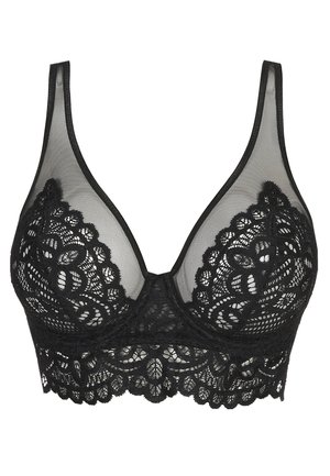 Zwarte kant bralette met een doorschijnend ontwerp, driehoekige cups en geschulpte randen. Voorzien van verstelbare bandjes en ingewikkelde bloemmotieven.