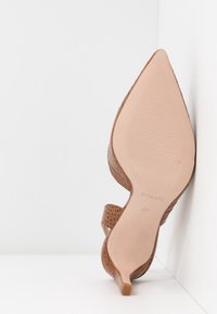 Semelle de chaussure à talon haut pointu avec texture croco marron, taille 37 et nom de marque Minelli visible, inclinée contre un coin blanc.