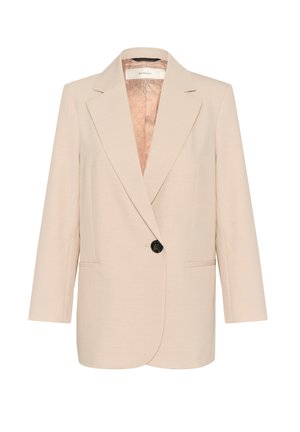 Helebeež blazer pehmest kangast, mis on varustatud sälguga kraega, ühe nupukesega sulgemisega ning kahe eesmise taskuga, millel on mustriline vooder.