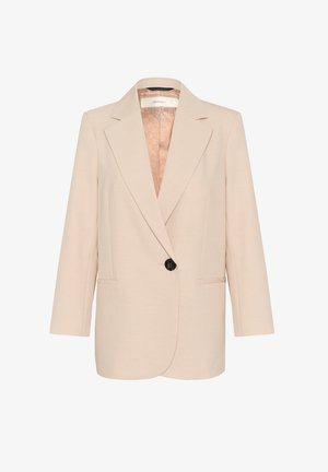 Helebeež blazer pehmest kangast, mis on varustatud sälguga kraega, ühe nupukesega sulgemisega ning kahe eesmise taskuga, millel on mustriline vooder.