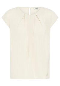 Blouse ivoire avec des manches courtes en forme de cap, détail plissé à l'avant, ouverture en forme de clé à l'arrière et un petit logo près de l'ourlet. Tissu léger.