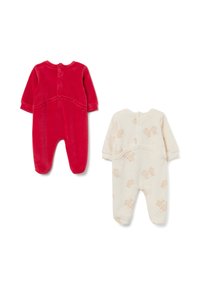 Twee baby rompers: de ene in rode velvet met een ronde halslijn en drukknoopjes, de andere in crème met een subtiele dierenprint en drukknoopjes.
