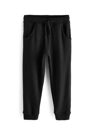 Pantaloni jogger neri realizzati in tessuto morbido, con vita elastica e coulisse, tasche laterali e caviglie a costine.