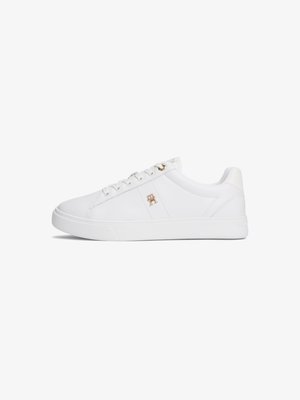 White sneakers with a smooth leather upper, rounded toe, and flat rubber sole. Features gold hardware accents and subtle branding.