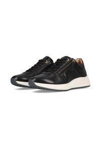 Schwarze Ledersneaker mit strukturiertem Obermaterial, goldenen Akzenten und einem seitlichen Reißverschluss. Weiße Zwischensohle und schwarze Gummisohle. Schnürdesign.