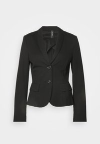 Zwarte blazer van gladde stof, met een getailleerd ontwerp, met ingang van de stropdas, twee voorzakken en twee knopen aan de voorkant.