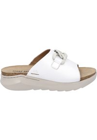 White slide sandal featuring a wide strap with a decorative loop, a cork footbed, and a contoured light gray platform sole.