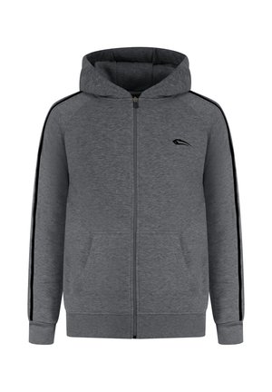 Grijze zip-up hoodie met een voorliggende rits, twee voorzakken en zwarte zijaccenten. Voorzien van een capuchon en ribgebreide manchetten en zoom.