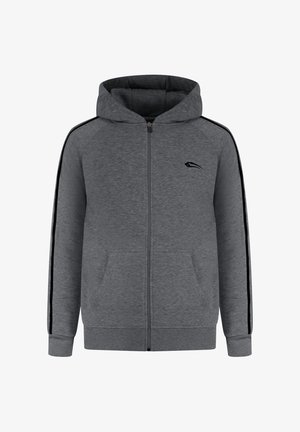 Grauer Zip-Hoodie mit Frontreißverschluss, zwei Fronttaschen und schwarzen seitlichen Akzenten. Verfügt über eine Kapuze sowie gerippte Bündchen und Saum.