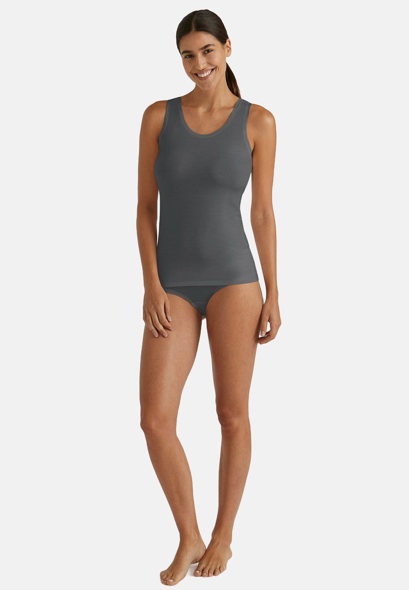 Gray tank top with a round neckline and fitted design, paired with gray bikini briefs. The material appears smooth, with a subtle sheen.