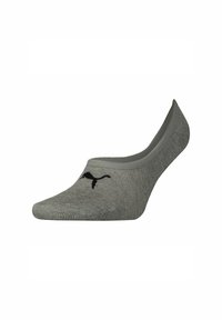 Graue, tief geschnittene No-Show-Socke mit schwarzem Puma-Logo an der Oberseite, entworfen für minimalen Fußschutz und lässiges Tragen.