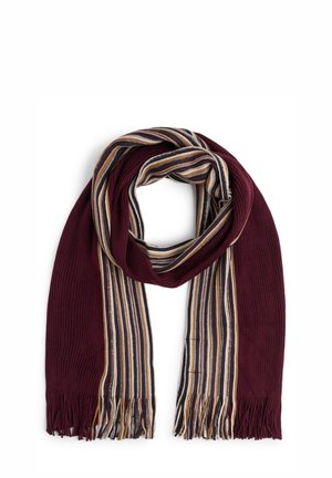 Maroon and multi-striped scarf with ribbed texture and fringed ends. Features alternating colors of beige, navy, and brown stripes.