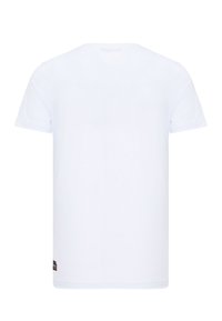 Weißes Baumwoll-T-Shirt, kurze Ärmel, Rundhalsausschnitt, glatte Textur, mit einem kleinen Logotag auf der unteren linken Seite. Rückansicht.