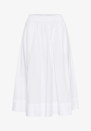 Weißer, knielanger Rock aus leichtem Stoff mit elastischem Bund und fließendem Design mit subtiler Textur.