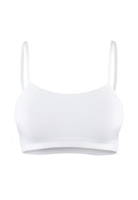 Witte bralette van gladde stof met dunne verstelbare bandjes, een ronde halslijn en subtiele stiksels langs de onderrand.