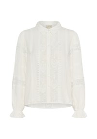 Blouse à manches longues de couleur crème avec panneaux en dentelle, boutonnée à l'avant, col pointu et poignets à volants.
