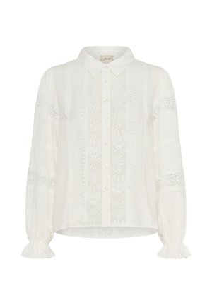 Cremefarbene langärmelige Bluse mit Spitzeneinsätzen, Knopfleiste, spitzem Kragen und Rüschenmanschetten.