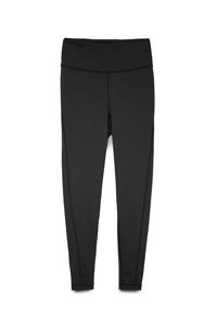 Leggings noirs en tissu extensible. Taille haute, design ajusté, coutures plates et longueur cheville avec une texture lisse.