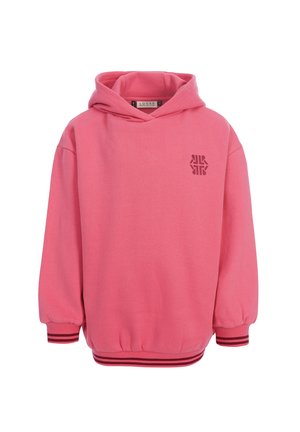 Roze hoodie met een klein donker logo op de borst, geribde boorden en zoom met donkere streepdetails.