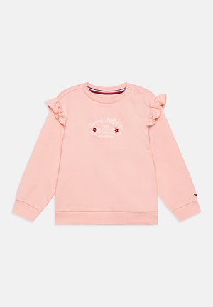 Felpa rosa con maniche a volantino, scollatura rotonda e logo ricamato. Presenta polsini e orlo a coste, realizzata in tessuto morbido.