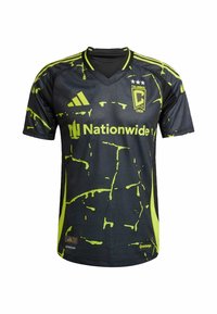 Schwarzes Fußballtrikot mit neongrünen Spritzmustern, V-Ausschnitt, kurzen Ärmeln und Logos. Hergestellt aus strukturiertem, atmungsaktivem Material.
