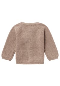 Hellbrauner gestrickter Pullover mit langen Ärmeln, gerippten Bündchen und Saum, der eine glatte Textur und ein schlichtes Design bietet. Rückansicht gezeigt.