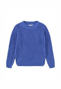 Niebieski sweter dziewiarski o ryflowanej fakturze, okrągłym dekolcie i długich rękawach. Posiada skośny wzór z przodu oraz luźny krój.