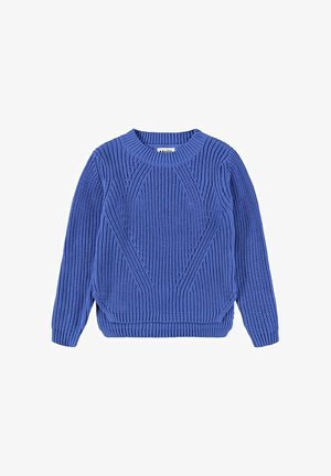 Blauwe gebreide trui met ribbelstructuur, ronde halslijn en lange mouwen. Heeft een diagonaal patroon aan de voorkant en een relaxte pasvorm.