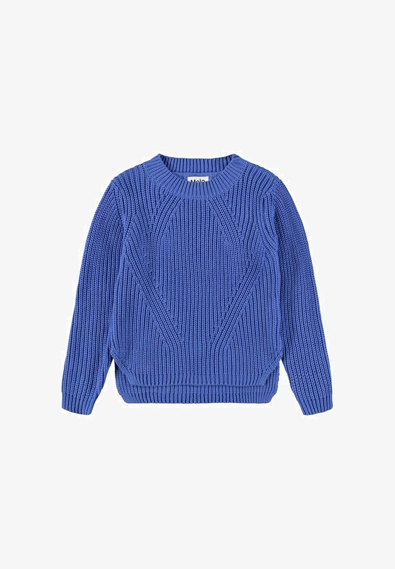 Modrý pletený svetr s ribbovanou texturou, kulatým výstřihem a dlouhými rukávy. Na přední straně obsahuje diagonální vzor a má uvolněný střih.