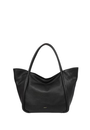 Black leather tote bag with two handles and subtle gold logo at bottom center, showing natural texture and slight creases.