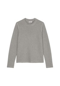 Maglietta a maniche lunghe grigia con scollo rotondo, realizzata in tessuto morbido, caratterizzata da una trama a costine e un design semplice e privo di decorazioni.
