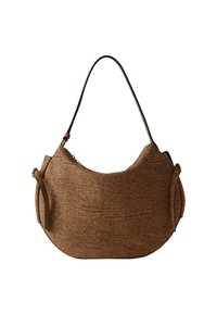 Borsa a tracolla marrone con una forma curva e una singola tracolla; presenta piccoli punti in rilievo e dettagli in metallo dorato.
