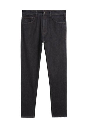 Dunkelblaue Jeans mit Slim-Fit, ausgestattet mit einem klassischen Fünf-Taschen-Design, kontrastierenden Nähten und einer glatten Textur.