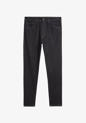 Dark denim jeans with a slim fit, featuring a traditional five-pocket design, contrasting stitching, and a smooth texture.