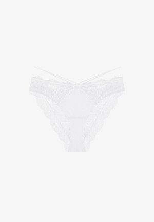 White lace thong underwear featuring a floral pattern, scalloped edges, and thin straps. The material appears soft with a sheer texture.