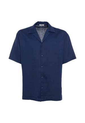 Camicia blu navy a maniche corte con bottoni, collo camp e vestibilità comoda.