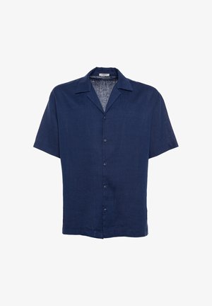 Camicia blu navy a maniche corte con bottoni, collo camp e vestibilità comoda.