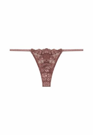 Lace thong in dusty rose color with floral pattern, featuring a matching waistband and minimal coverage design. Soft texture, delicate detailing.