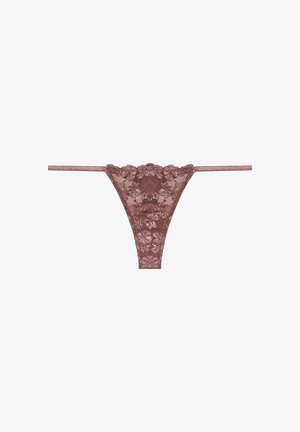 Lace thong in dusty rose color with floral pattern, featuring a matching waistband and minimal coverage design. Soft texture, delicate detailing.