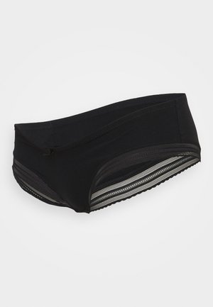 Schwarze Damenunterwäsche aus glattem Stoff, mit dekorativen strukturierten Streifen an den Seiten und einem nahtlosen Taillendesign.