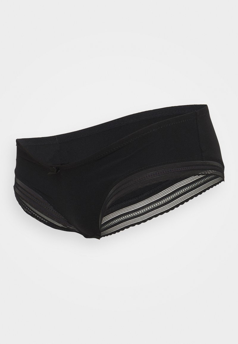 Sous-vêtements pour femmes noires avec une finition en tissu lisse, présentant des bandes texturées décoratives sur les côtés et un design de taille sans coutures.
