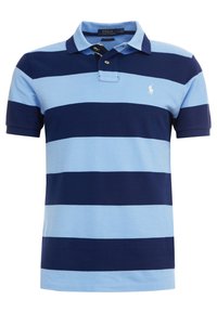 Camisa polo a rayas en azul claro y oscuro. Presenta un cuello clásico, mangas cortas y un pequeño logo en el lado izquierdo del pecho. Material de mezcla de algodón.