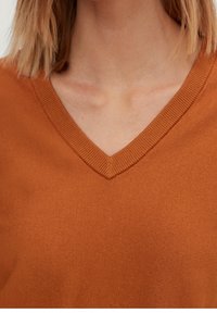 Suéter de cuello en V en color óxido, confeccionado en un material de punto suave. Presenta un cuello acanalado y una textura lisa. Primer plano de la prenda superior.