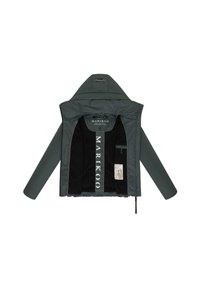 Siva windbreaker jakna s kapuco, ki ima kontrastno črno podlogo in detajle z logotipom. Vključuje zadrgo in notranji žep.