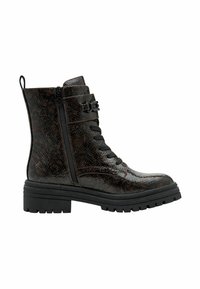 Lace-up ankle boots in dark brown faux snake skin with a textured finish, featuring a side zipper and chunky black rubber sole.