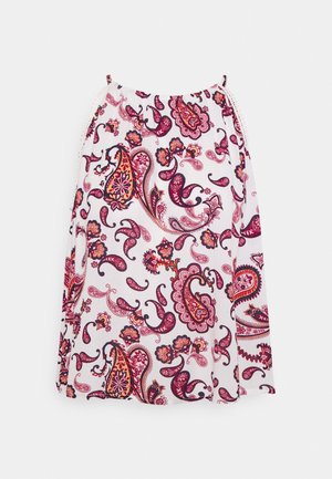 Witte rok met een levendig paisleypatroon in tinten van roze, rood en donkerblauw. Met een geraffineerde tailleband en dunne bandjes.