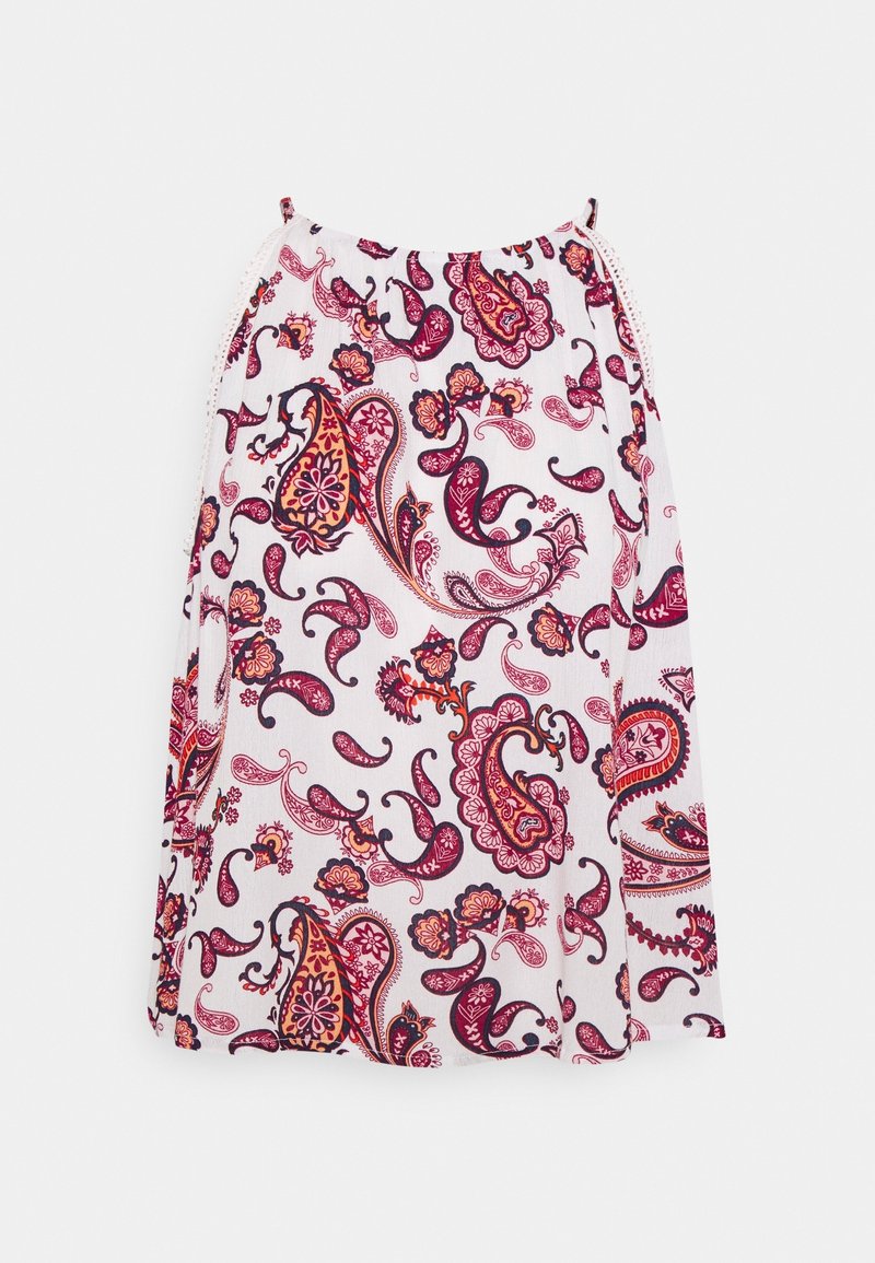 Jupe blanche avec un motif paisley vibrant dans des nuances de rose, rouge et bleu marine foncé. Elle dispose d'une taille froncée et de fines bretelles.