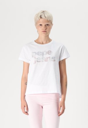 Camiseta de algodón blanca con "Pepe Jeans" en strass multicolores. Mangas cortas y un corte relajado. Textura suave.